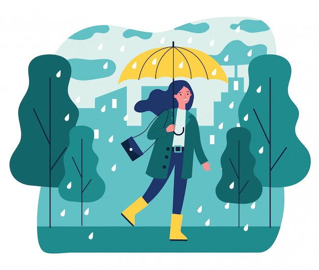 Vector happy smiling girl with umbrella walking in rainy day