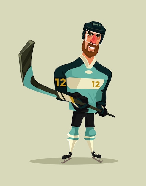 Illustrazione sorridente felice del fumetto della mascotte del personaggio del giocatore di hockey