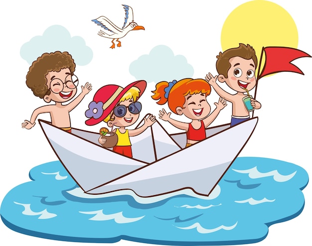 Vector happy smiling kids having fun and playing sailor in imaginary world children playing paper boat