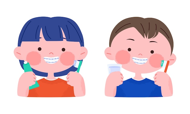 Ragazzino e ragazza sorridenti felici con le parentesi graffe dentali che tengono spazzolino da denti. illustrazione di personaggio dei cartoni animati carino disegnato a mano