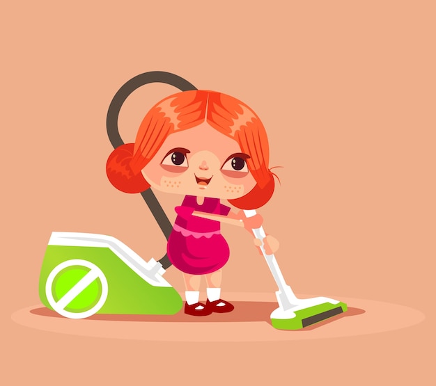 Happy smiling little girl character helping mother and cleaning house floor with vacuum. housekeeping concept isolated  cartoon