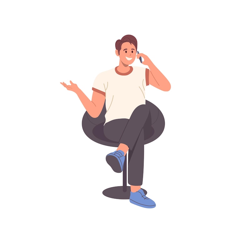 Vector happy smiling man character sitting on chair with crossed legs and talking mobile phone