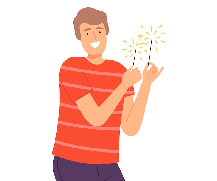 Vector happy smiling man holding burning sparklers joyful guy celebrating holiday event cartoon style vector illustration