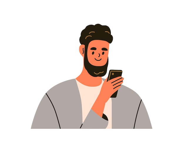 Happy smiling man holding smartphone in hand. guy using mobile smart phone, cell device, looking, reading news online, surfing internet. flat vector illustration isolated on white background.