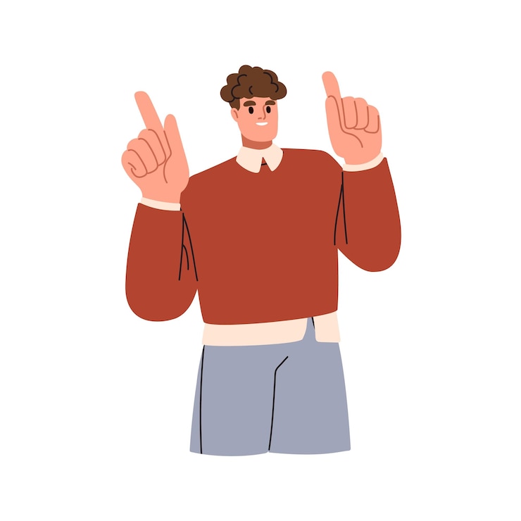 Vector happy smiling man pointing up with fingers business person employee office worker showing something advertising gesturing with hands flat vector illustration isolated on white background