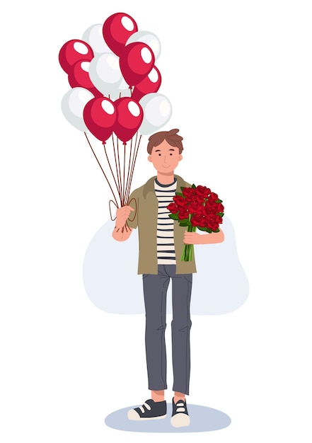 Vector happy smiling man with balloons and a bunch of rose is waiting for his lover vector romantic illustration