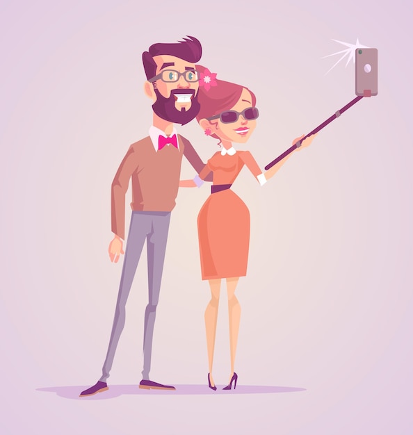 Happy smiling man woman couple making photo selfie