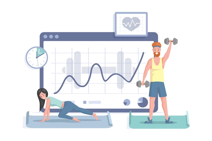 Vector happy smiling man and woman doing sport exercises on the