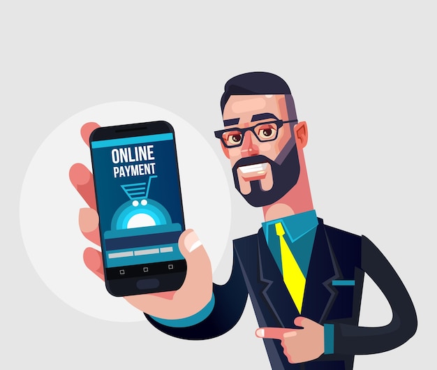 Happy smiling manager man character showing smart phone with online payment