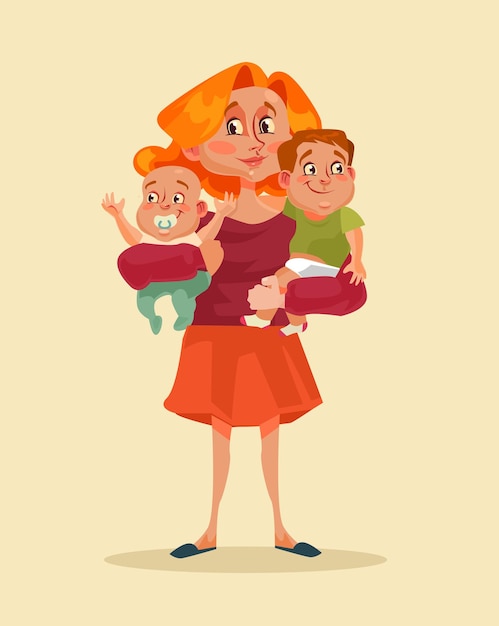 Happy smiling mother character holding two children in hands