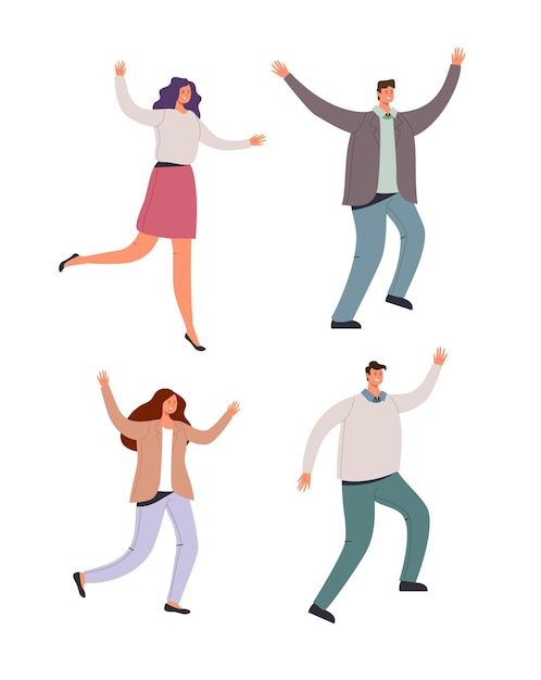 Счастливые улыбающиеся офисные работники танцуют и прыгают на белом изолированном фоне, набор иллюстраций