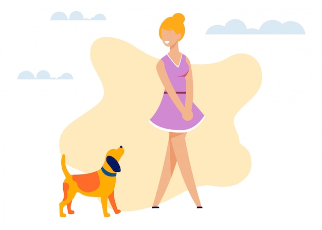 幸せな笑顔のきれいな女性と犬のカットアウト漫画
