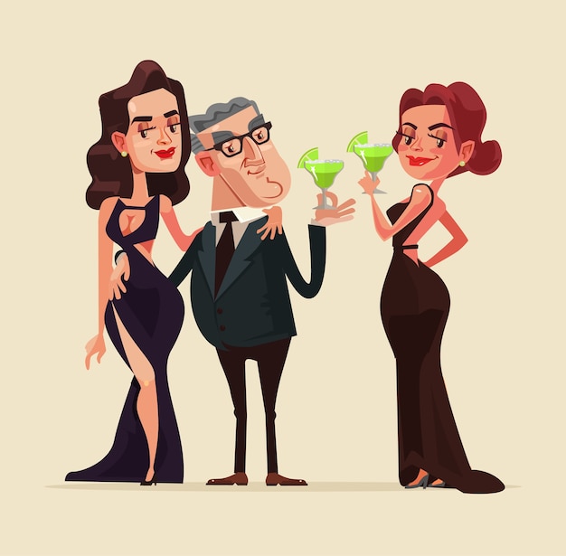 Vector happy smiling rich old man character with beauty young  women models.