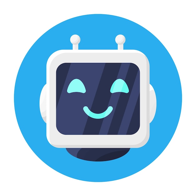 Happy smiling robot head icon isolated chat bot in circle chatbot robot greets artificial intelligence ai helper service and support assistant cartoon flat vector illustration