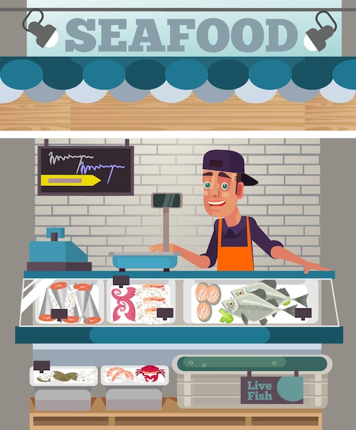 Vector happy smiling sales man character sell seafood food market concept