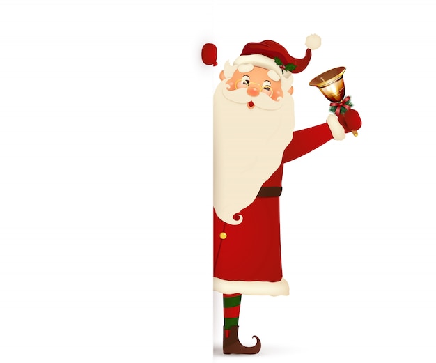 Happy smiling Santa Claus standing behind with jingle bell a blank sign, showing on big blank sign. Cartoon Santa Claus character with white copy space.