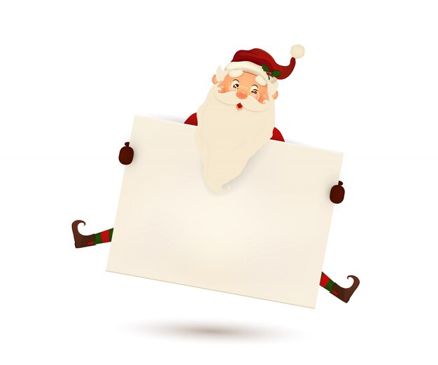 Happy smiling Santa Claus with signboard, advertisement banner. Cartoon cute Santa Claus character with white copy space.  illustration