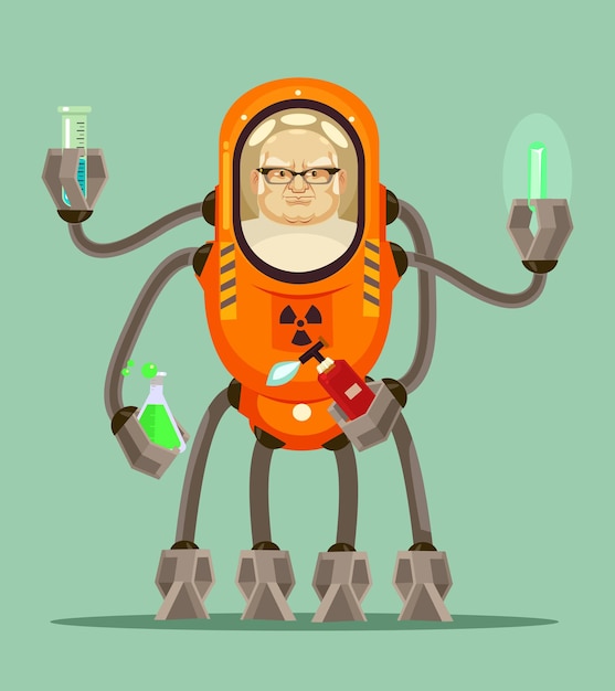 행복 한 미소 스마트 미친 과학자 남자 로봇 사이보그 캐릭터는 그의 철 손에 액체와 플라스크를 보유