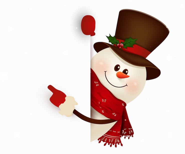 वेक्टर happy smiling snowman standing behind a blank sign showing on big blank sign. cartoon snowman character with white copy space. illustration.