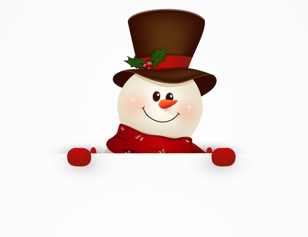 Happy smiling snowman standing behind a blank sign showing on big blank sign. illustration.