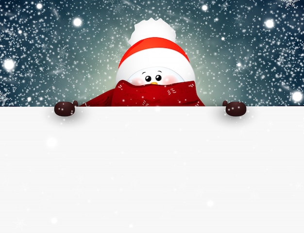 Vector happy smiling snowman standing behind a blank sign