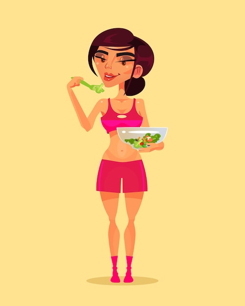 Happy smiling sport fitness woman character eating green salad