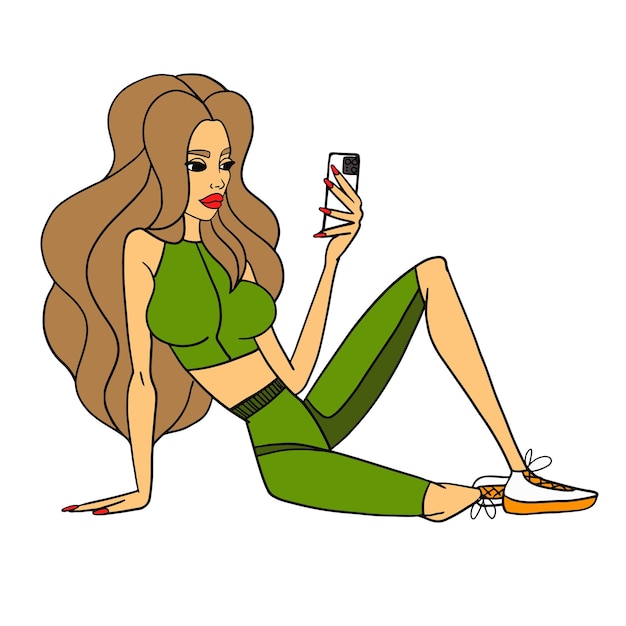 Vector happy smiling sport woman character taking selfie in gym vector flat cartoon illustration