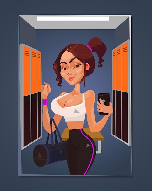 Happy smiling sport woman character taking selfie in gym