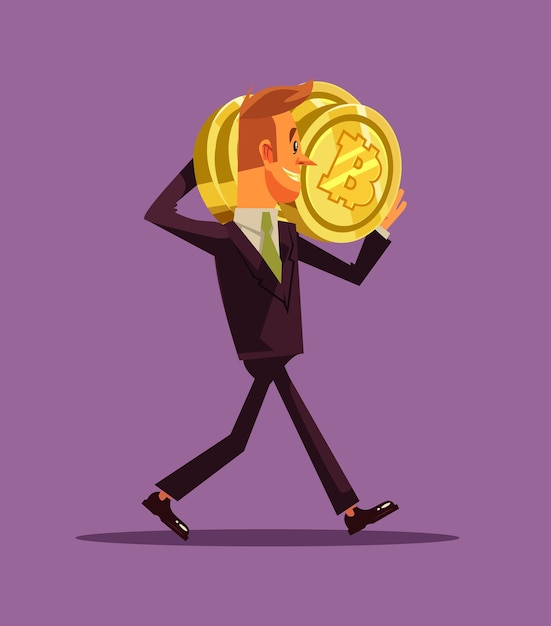 Happy smiling successful businessman office worker miner character carrying bitcoins. cryptocurrency millionaire and new technology concept. flat cartoon illustration