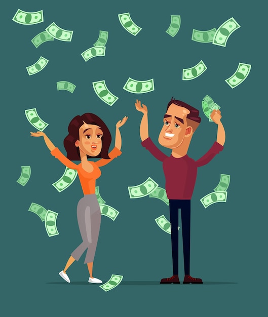 Happy smiling successful man husband and woman wife characters family standing under money rain. Lottery winner cash savings banking concept.  flat cartoon   isolated illustration