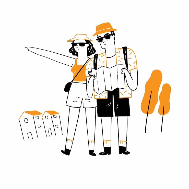 Vector happy smiling tourist couple enjoying their summer vacation getaway together hand drawn vector illustration