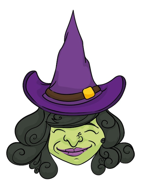 Vector happy and smiling witch face with green skin purple pointy hat with band and buckle