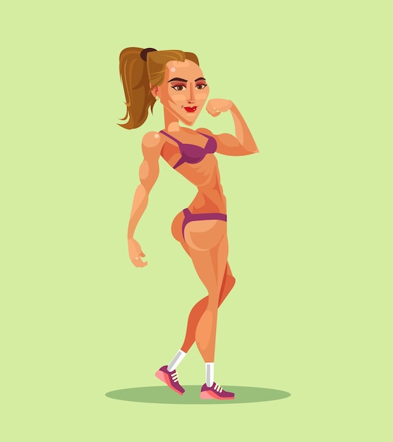 Happy smiling woman bodybuilder posing flat cartoon illustration