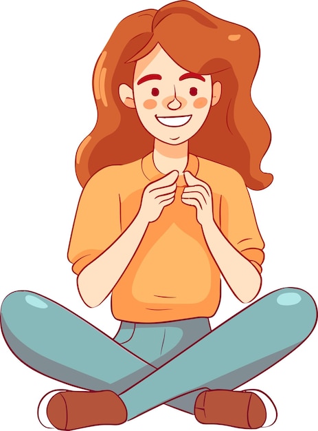 Happy smiling woman cartoon character sitting on floor with legs crossed