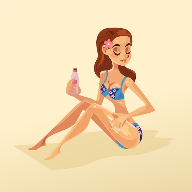 Il personaggio sorridente felice della donna sulla spiaggia si è spalmato di crema solare. illustrazione di cartone animato piatto