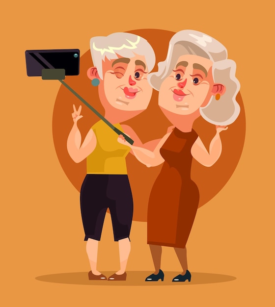 Vector happy smiling woman grandma characters making selfie