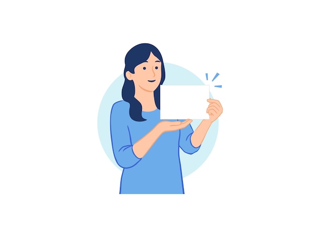 Vector happy smiling woman holding and showing blank paper copy space put your text here