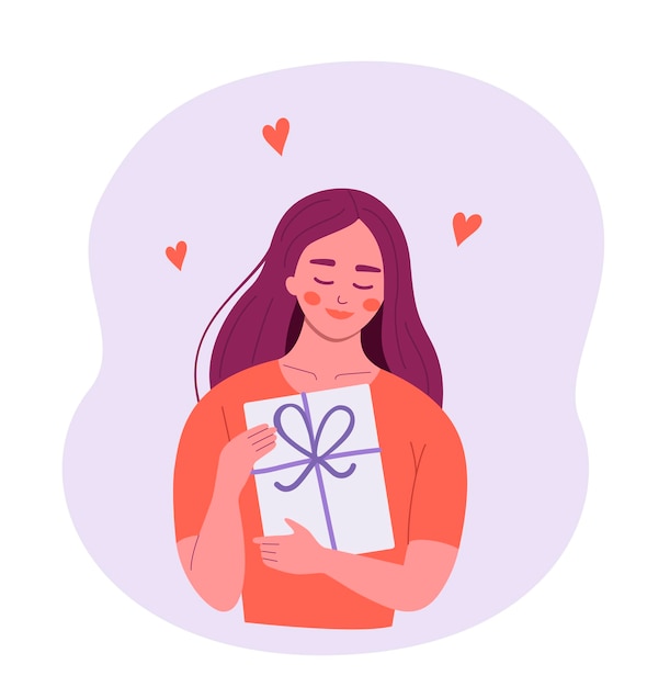 La donna sorridente felice sta tenendo un contenitore di regalo. illustrazione piatta vettoriale