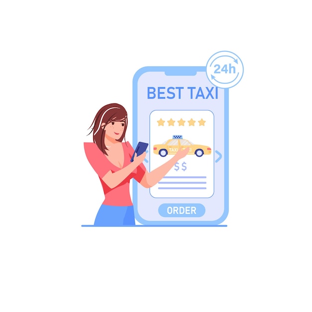 Donna sorridente felice che ordina un taxi online sull'illustrazione mobile app