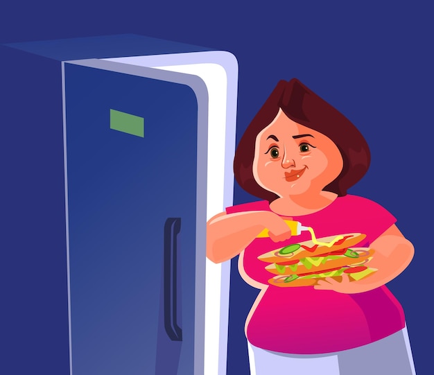 Happy smiling woman standing near refrigerator and eating burger