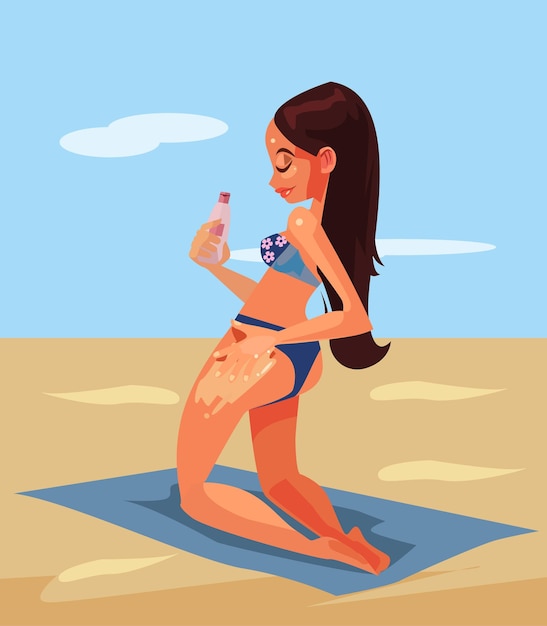 Vector happy smiling woman tourist character using protection skin sun cream.   cartoon