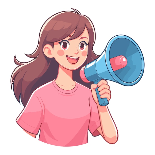 Happy Smiling woman wearing pink tshirt holding a loudspeaker vector