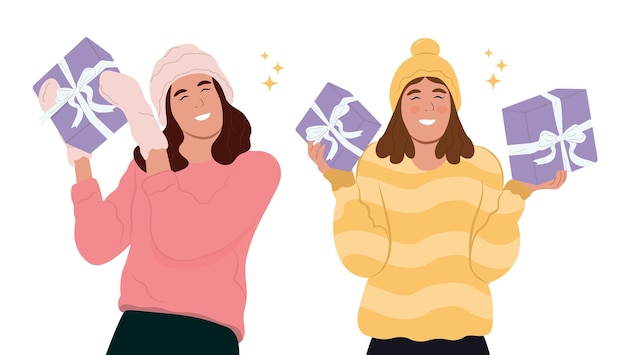 happy smiling women holding gift boxes gift giving concept vector cartoon style