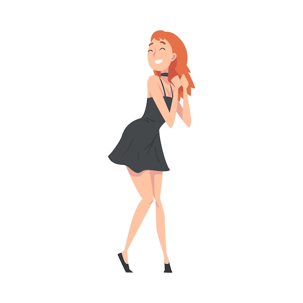 Happy Smiling Young Woman in Black Short Dress Dancing at Party Vector Illustration