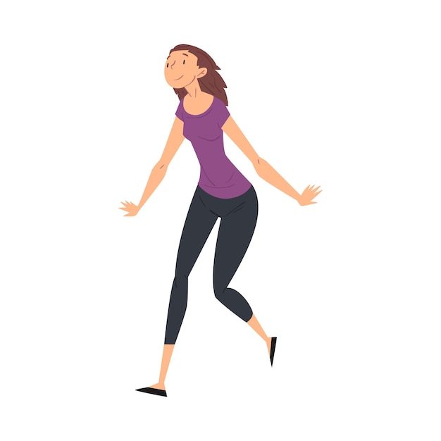 Happy smiling young woman in casual clothes running to finish line vector illustration