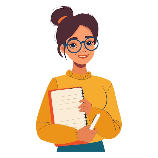a happy Smiling young woman holding a notebook on white background