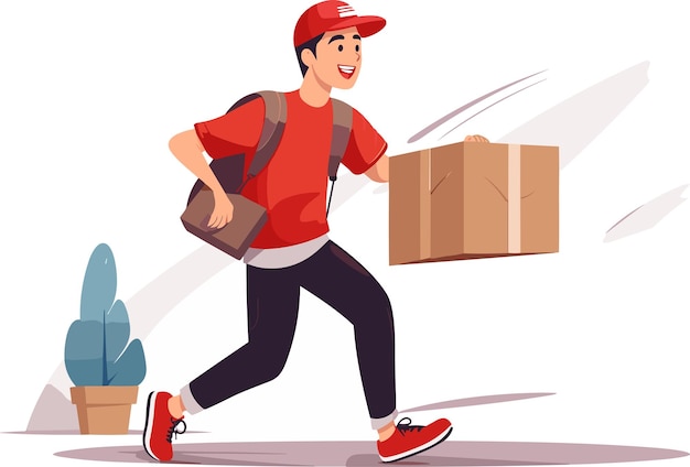 Happy smyling young delivery man in red cap holding white parcel with his hands vector illustration