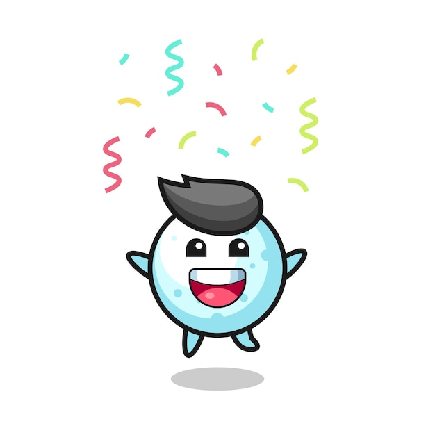 Happy snow ball mascot jumping for congratulation with colour confetti