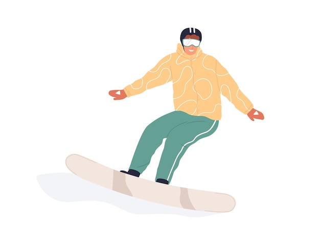 Snowboarder felice che guida lo snowboard. persona attiva in attrezzatura invernale e occhiali che scivolano sulla tavola da neve. illustrazione vettoriale piatta dell'attività sportiva isolata su sfondo bianco.