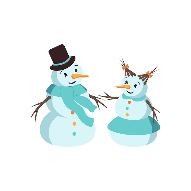 顔、帽子、ニンジン、スカーフで幸せな雪だるまと雪の女性。新年とクリスマスのメリーホリデーデコレーション。冬とお祭りの要素